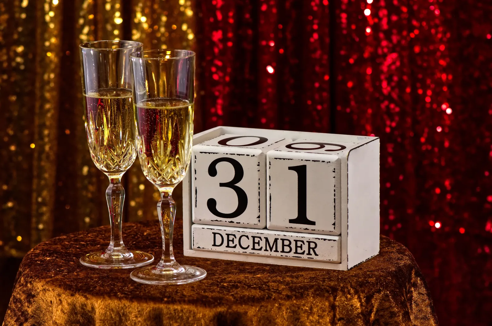 Elegant New Year's Eve table setting with champagne glasses and December 31 calendar block. Federal Holiday Business Day Counting: Project Dates