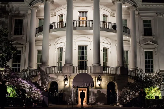 the white house, washington d c, landmark, historic, historical, president obama, portico, columns, architecture, night, evening, lights, lighting, silhouettes, brown house, brown night. Who actually publishes the state calendars that set a deadline?
