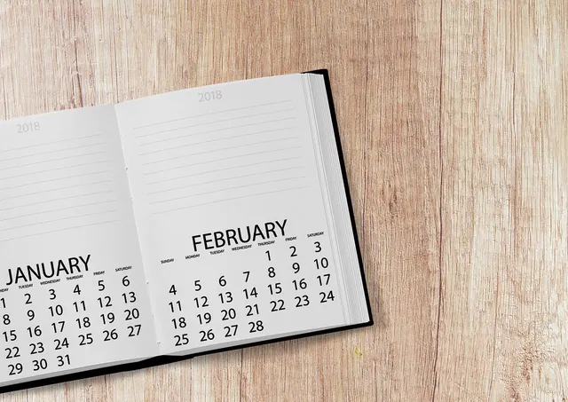 calendar, a book, date, year, day, week, days of the week, desk, agenda, table, notes, notebook, open book, january, february, pages, paper, black, brown, office, work, job, busine