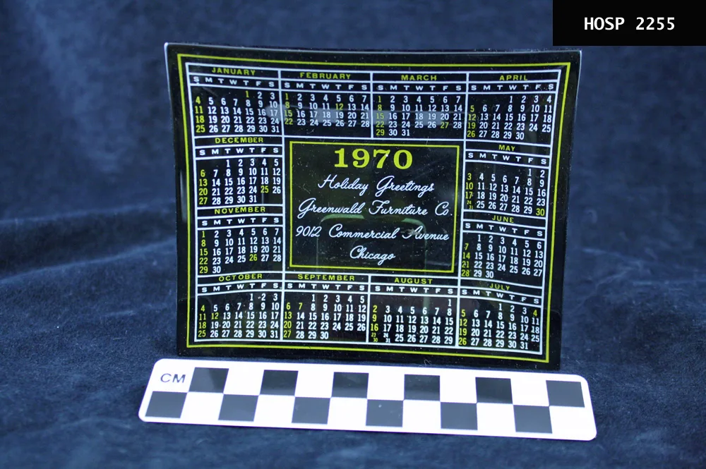 Molded rectangular glass ashtray Black translucent ashtray with calender for 1970 painted inside in yellow & white White script in center reads, "Holiday Greetings Greenwald Furniture Co. 9012 Commercial Avenue Chicago." Slightly scratched in center on front & back Collected 25MAY1981 from Maurice B. Working days per year holidays with verified dates and sources