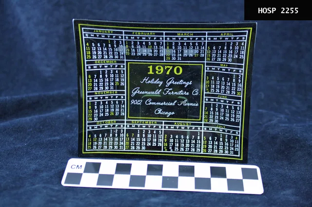 Molded rectangular glass ashtray Black translucent ashtray with calender for 1970 painted inside in yellow & white White script in center reads, "Holiday Greetings Greenwald Furniture Co. 9012 Commercial Avenue Chicago." Slightly scratched in center on front & back Collected 25MAY1981 from Maurice B. Working days per year holidays with verified dates and sources